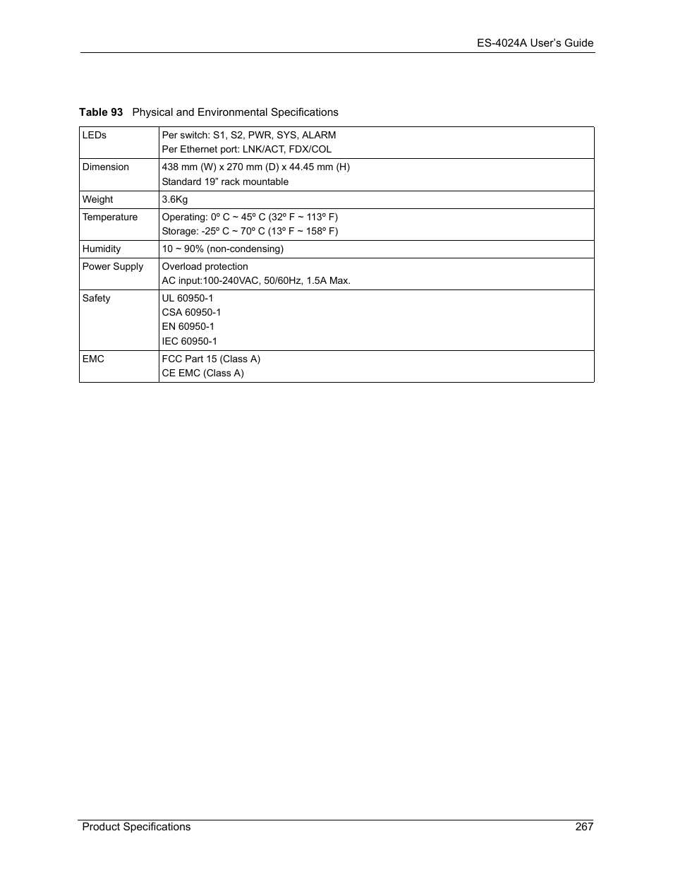 Table 93 physical and environmental specifications | ZyXEL Communications ZyXEL Dimension ES-4024 User Manual | Page 268 / 284