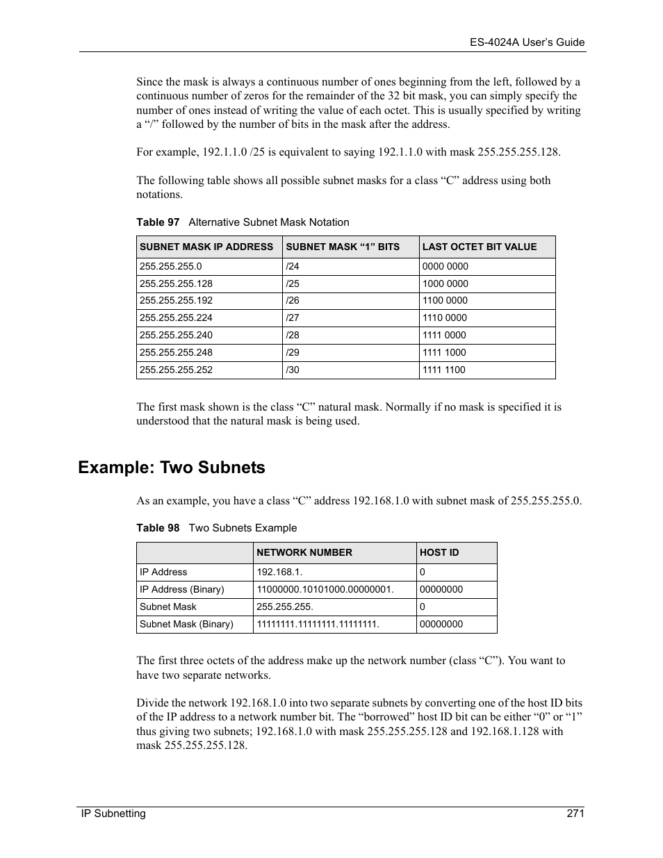 Example: two subnets | ZyXEL Communications ZyXEL Dimension ES-4024 User Manual | Page 272 / 284