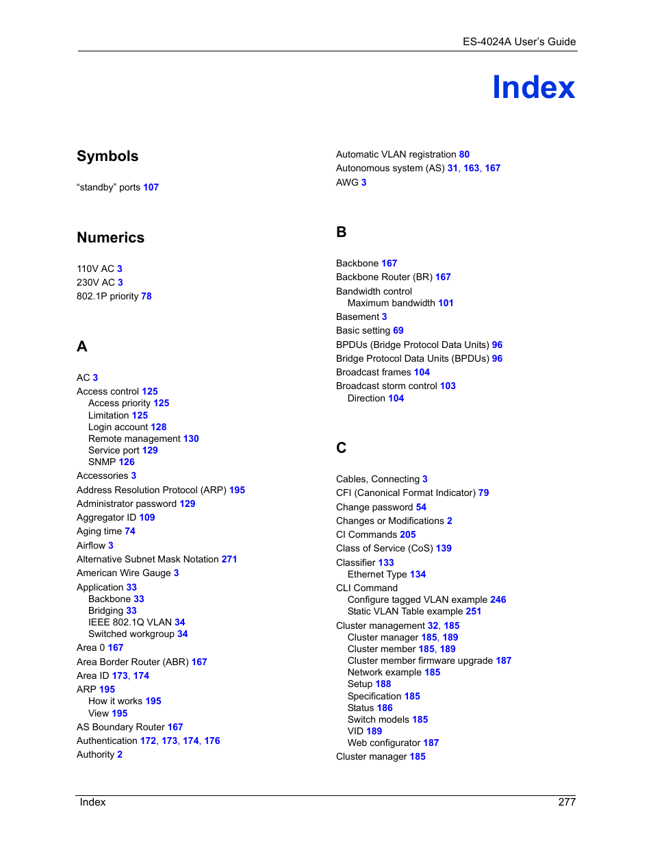 Index, Symbols, Numerics | ZyXEL Communications ZyXEL Dimension ES-4024 User Manual | Page 278 / 284