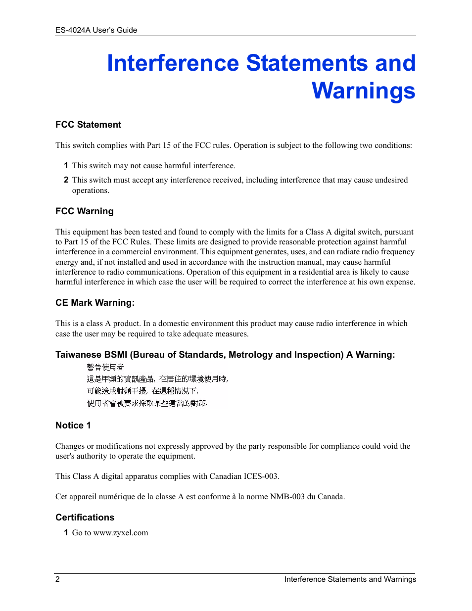 Interference statements and warnings | ZyXEL Communications ZyXEL Dimension ES-4024 User Manual | Page 3 / 284