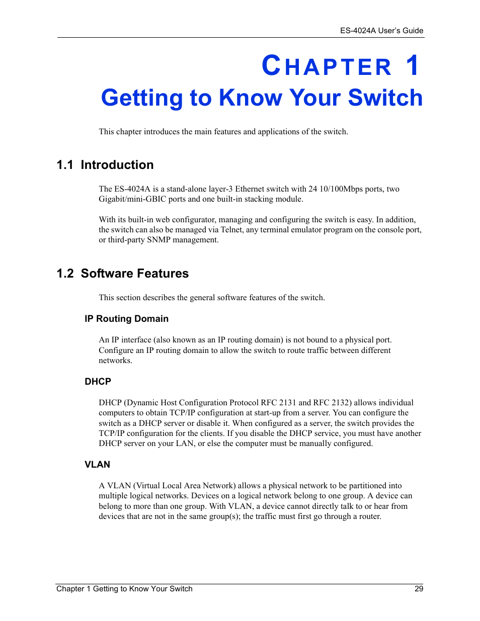 Getting to know your switch, 1 introduction, 2 software features | Chapter 1 getting to know your switch, 1 introduction 1.2 software features | ZyXEL Communications ZyXEL Dimension ES-4024 User Manual | Page 30 / 284