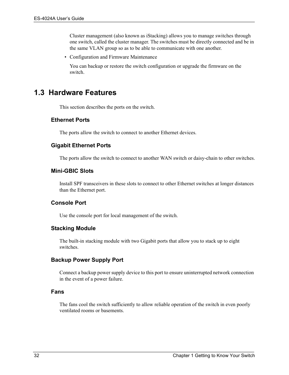 3 hardware features | ZyXEL Communications ZyXEL Dimension ES-4024 User Manual | Page 33 / 284