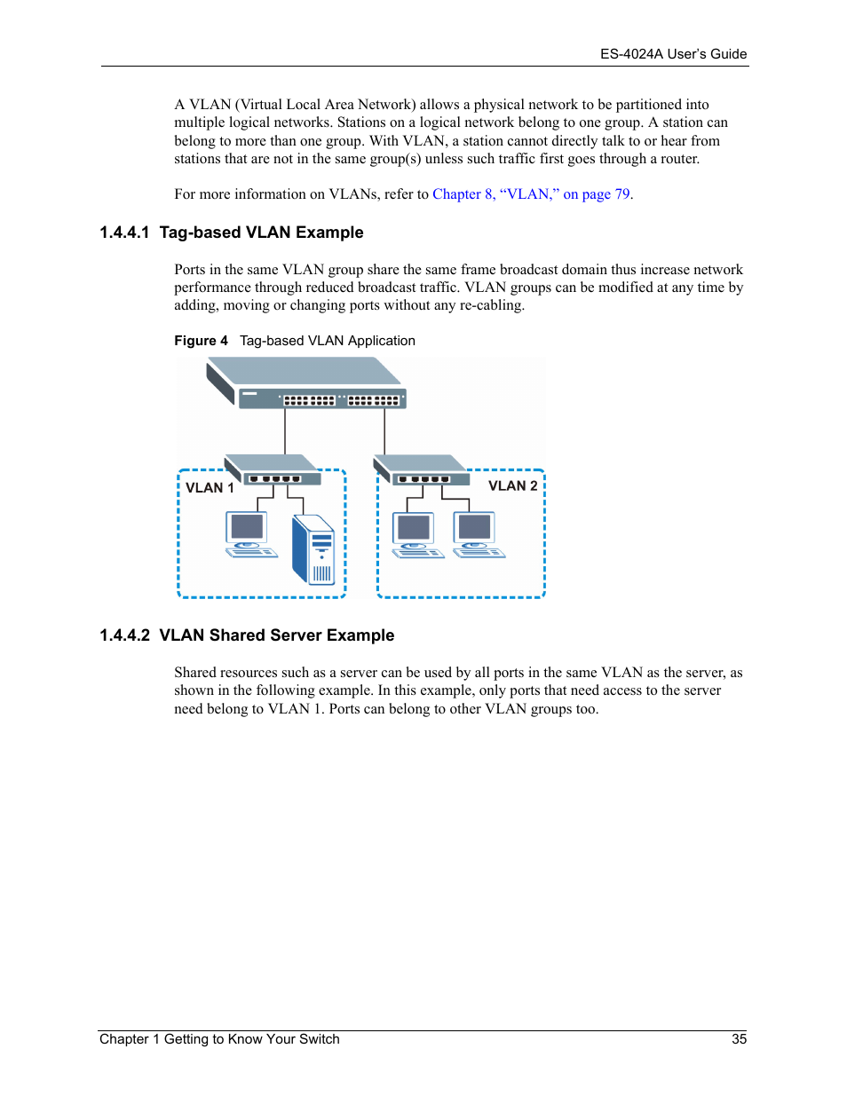 1 tag-based vlan example, 2 vlan shared server example, Figure 4 tag-based vlan application | ZyXEL Communications ZyXEL Dimension ES-4024 User Manual | Page 36 / 284