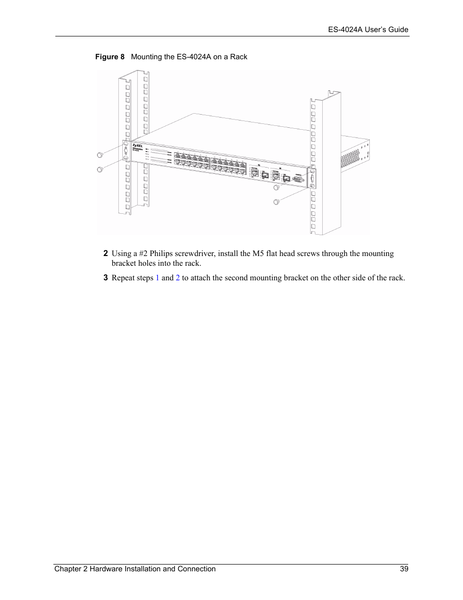 Figure 8 mounting the es-4024a on a rack | ZyXEL Communications ZyXEL Dimension ES-4024 User Manual | Page 40 / 284