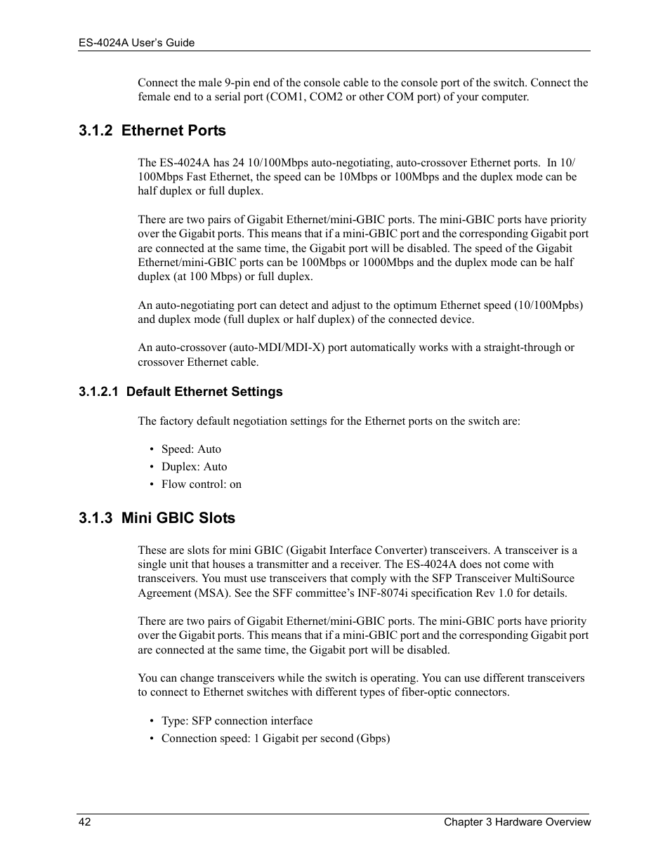 2 ethernet ports, 1 default ethernet settings, 3 mini gbic slots | ZyXEL Communications ZyXEL Dimension ES-4024 User Manual | Page 43 / 284