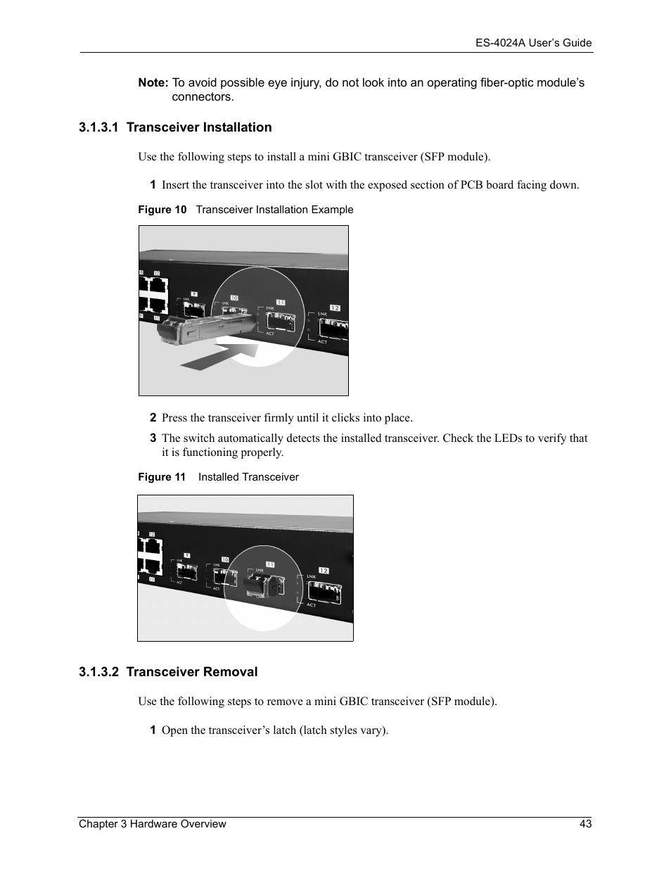 1 transceiver installation, 2 transceiver removal | ZyXEL Communications ZyXEL Dimension ES-4024 User Manual | Page 44 / 284