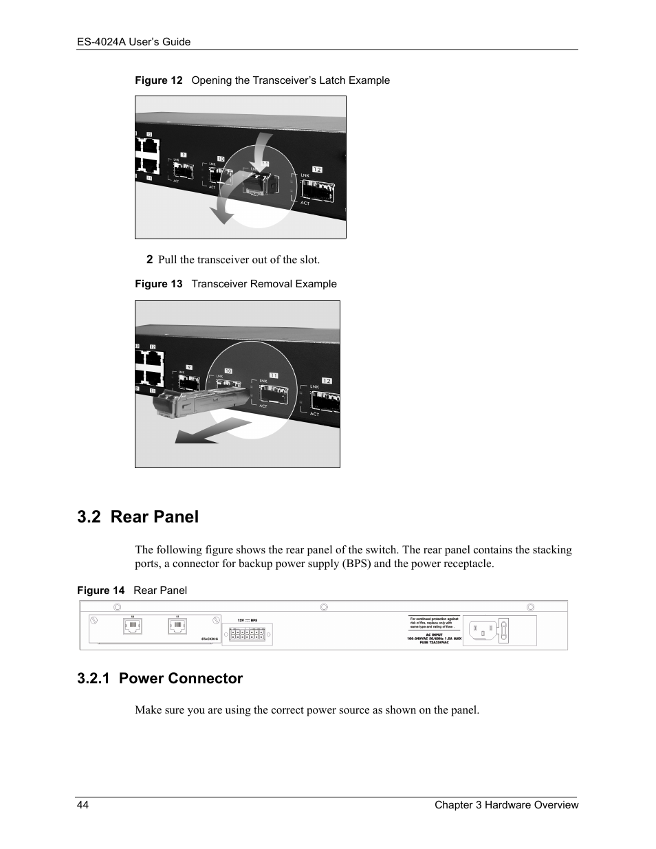 2 rear panel, 1 power connector | ZyXEL Communications ZyXEL Dimension ES-4024 User Manual | Page 45 / 284