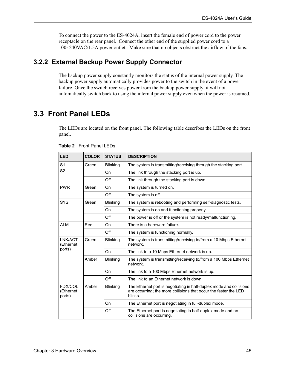 2 external backup power supply connector, 3 front panel leds, Table 2 front panel leds | ZyXEL Communications ZyXEL Dimension ES-4024 User Manual | Page 46 / 284