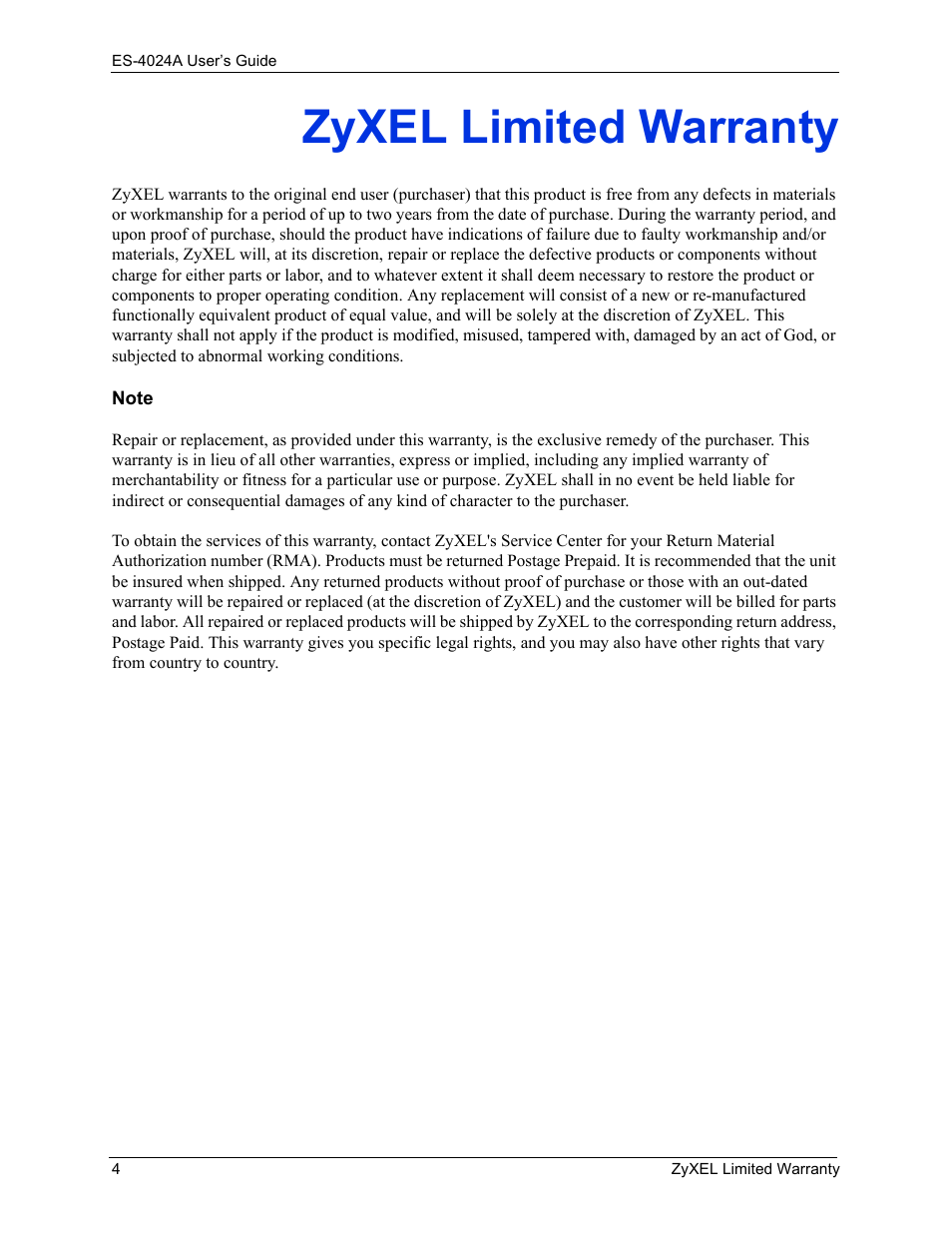 Zyxel limited warranty | ZyXEL Communications ZyXEL Dimension ES-4024 User Manual | Page 5 / 284