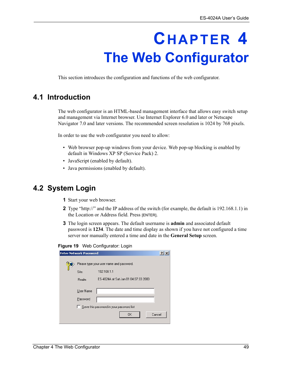 The web configurator, 1 introduction, 2 system login | Chapter 4 the web configurator, 1 introduction 4.2 system login, Figure 19 web configurator: login | ZyXEL Communications ZyXEL Dimension ES-4024 User Manual | Page 50 / 284