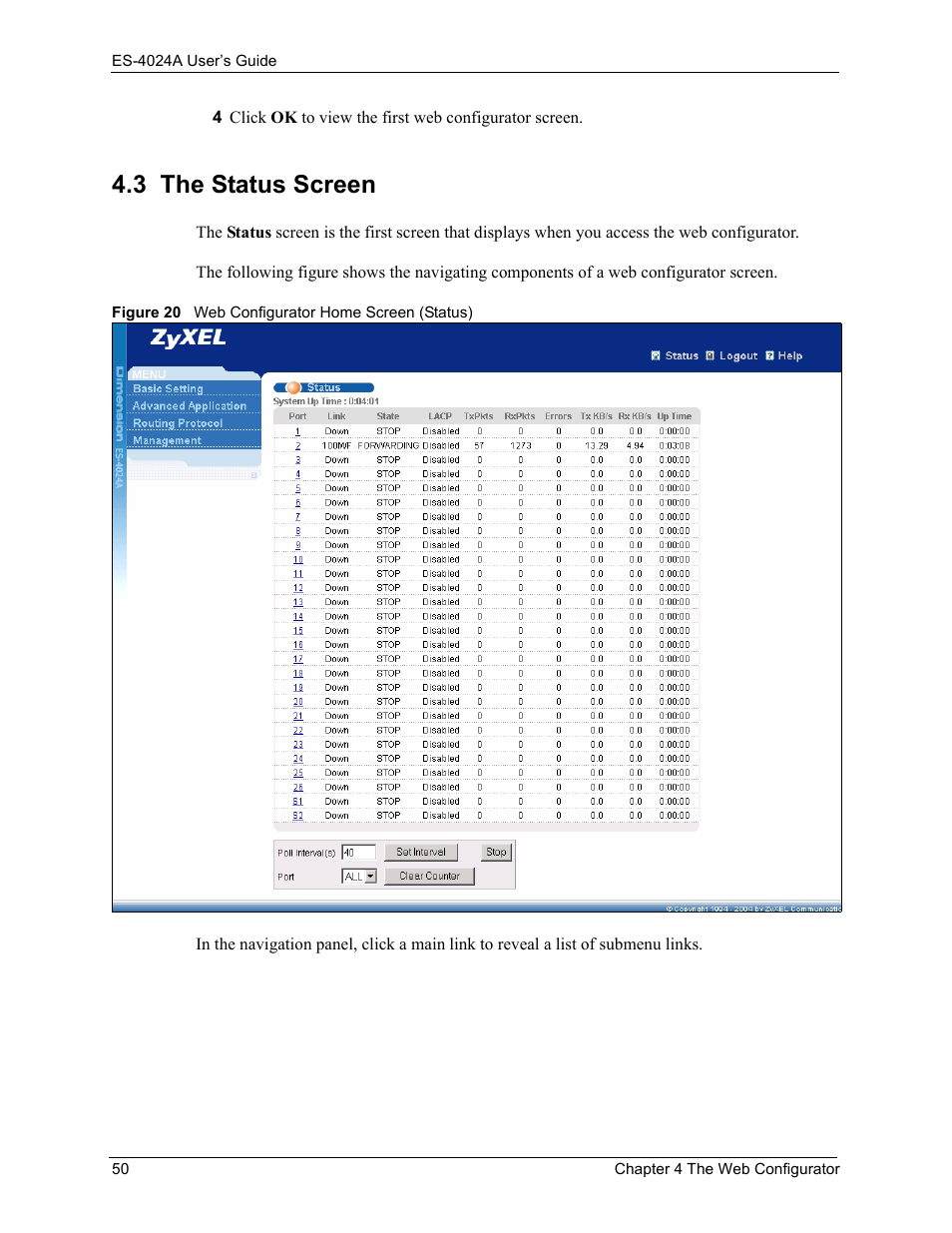 3 the status screen, Figure 20 web configurator home screen (status) | ZyXEL Communications ZyXEL Dimension ES-4024 User Manual | Page 51 / 284