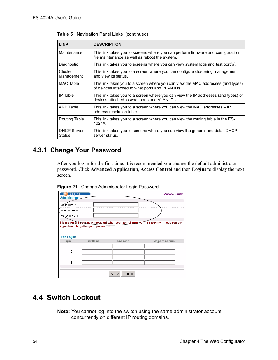 1 change your password, 4 switch lockout, Figure 21 change administrator login password | ZyXEL Communications ZyXEL Dimension ES-4024 User Manual | Page 55 / 284