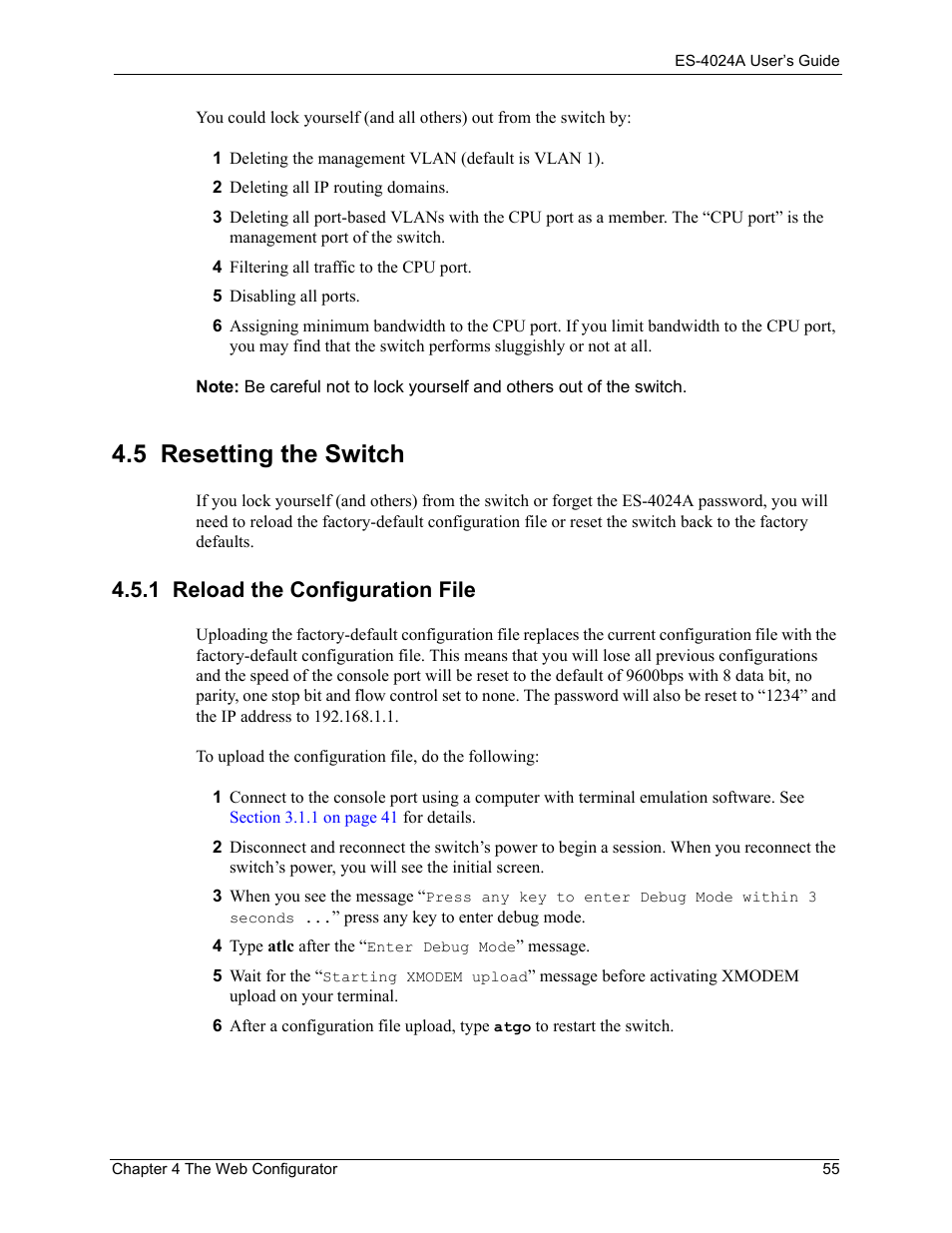5 resetting the switch, 1 reload the configuration file | ZyXEL Communications ZyXEL Dimension ES-4024 User Manual | Page 56 / 284
