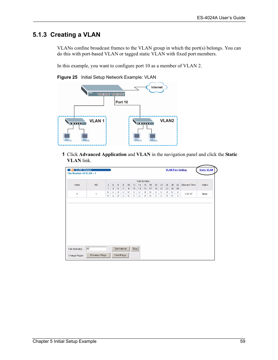 3 creating a vlan, Figure 25 initial setup network example: vlan | ZyXEL Communications ZyXEL Dimension ES-4024 User Manual | Page 60 / 284