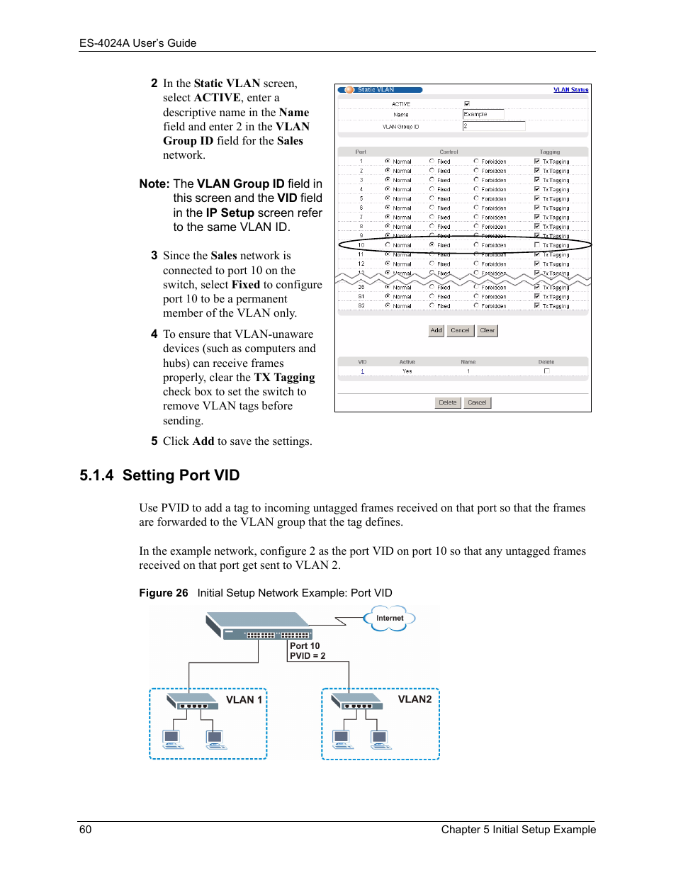 4 setting port vid, Figure 26 initial setup network example: port vid | ZyXEL Communications ZyXEL Dimension ES-4024 User Manual | Page 61 / 284
