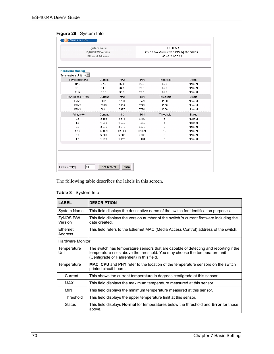 Figure 29 system info, Table 8 system info | ZyXEL Communications ZyXEL Dimension ES-4024 User Manual | Page 71 / 284