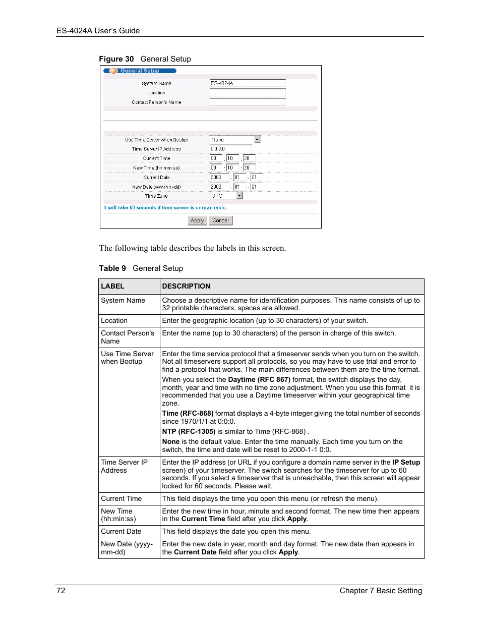 Figure 30 general setup, Table 9 general setup | ZyXEL Communications ZyXEL Dimension ES-4024 User Manual | Page 73 / 284