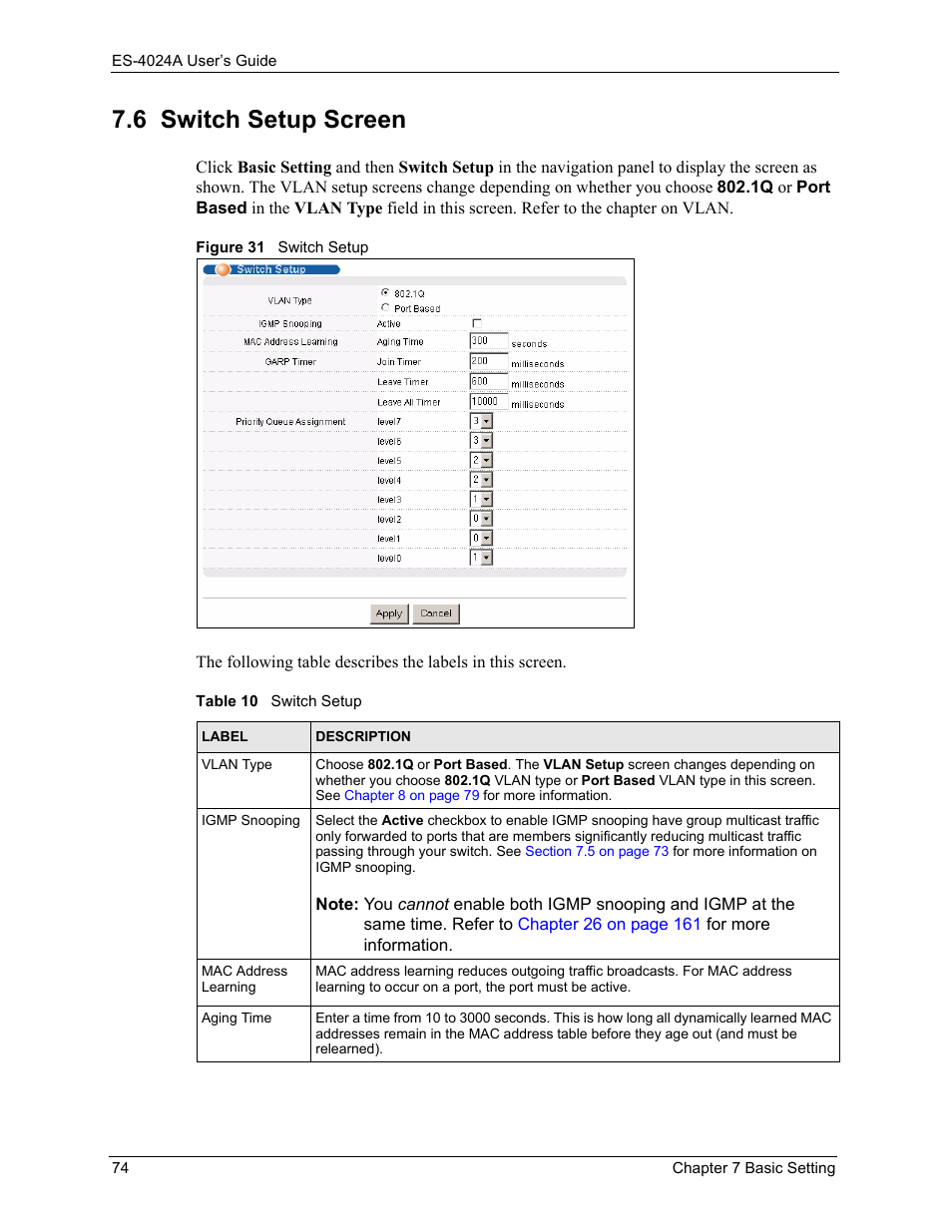 6 switch setup screen, Figure 31 switch setup, Table 10 switch setup | ZyXEL Communications ZyXEL Dimension ES-4024 User Manual | Page 75 / 284