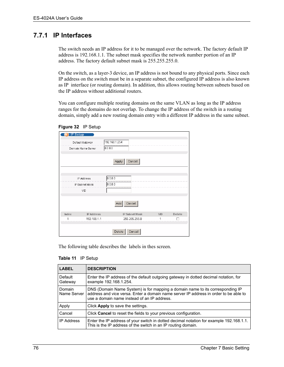 1 ip interfaces, Figure 32 ip setup, Table 11 ip setup | ZyXEL Communications ZyXEL Dimension ES-4024 User Manual | Page 77 / 284