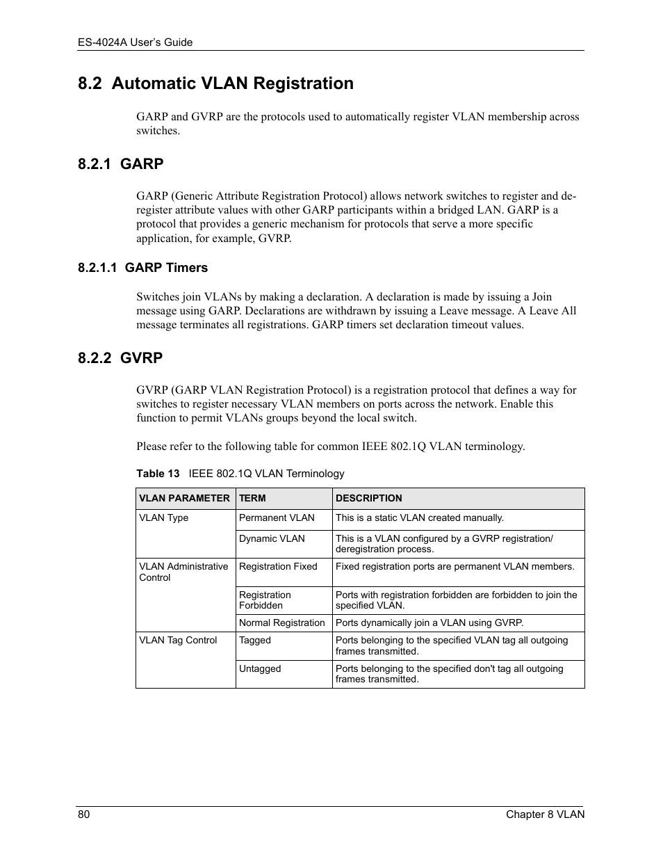 2 automatic vlan registration, 1 garp, 1 garp timers | 2 gvrp, Table 13 ieee 802.1q vlan terminology | ZyXEL Communications ZyXEL Dimension ES-4024 User Manual | Page 81 / 284