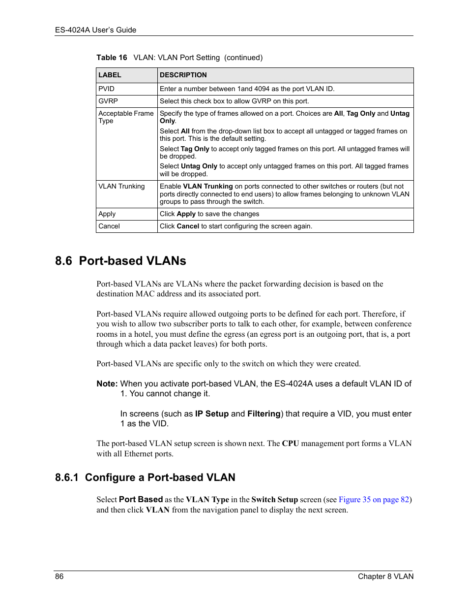 6 port-based vlans, 1 configure a port-based vlan | ZyXEL Communications ZyXEL Dimension ES-4024 User Manual | Page 87 / 284