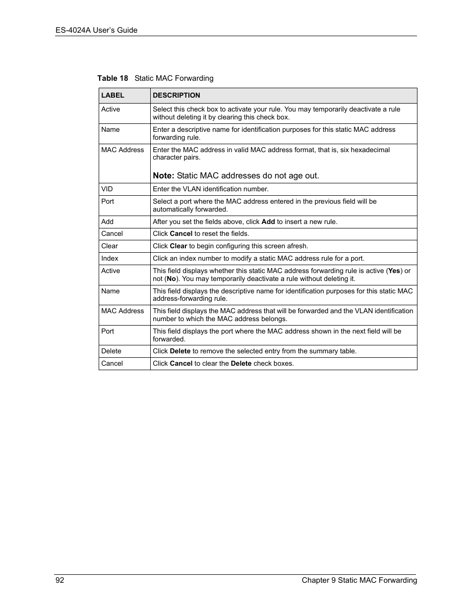 Table 18 static mac forwarding | ZyXEL Communications ZyXEL Dimension ES-4024 User Manual | Page 93 / 284