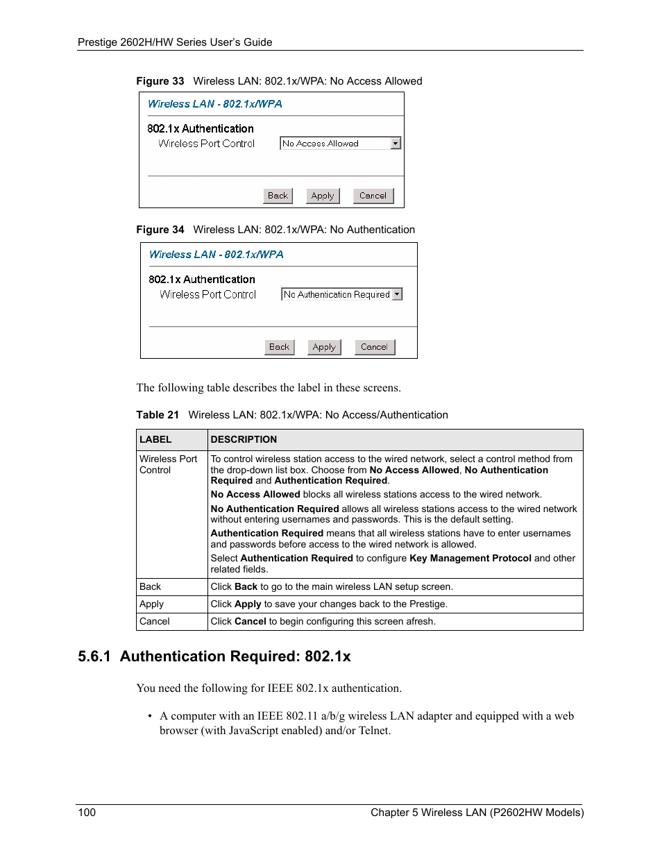 1 authentication required: 802.1x | ZyXEL Communications Prestige 2602H Series User Manual | Page 100 / 550