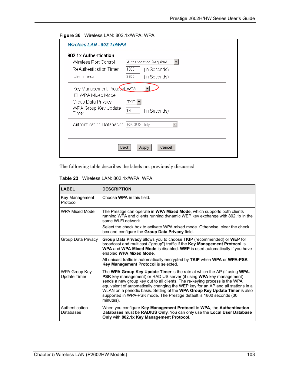 Figure 36 wireless lan: 802.1x/wpa: wpa, Table 23 wireless lan: 802.1x/wpa: wpa | ZyXEL Communications Prestige 2602H Series User Manual | Page 103 / 550