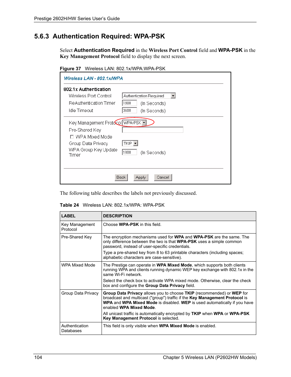 3 authentication required: wpa-psk, Figure 37 wireless lan: 802.1x/wpa:wpa-psk, Table 24 wireless lan: 802.1x/wpa: wpa-psk | ZyXEL Communications Prestige 2602H Series User Manual | Page 104 / 550