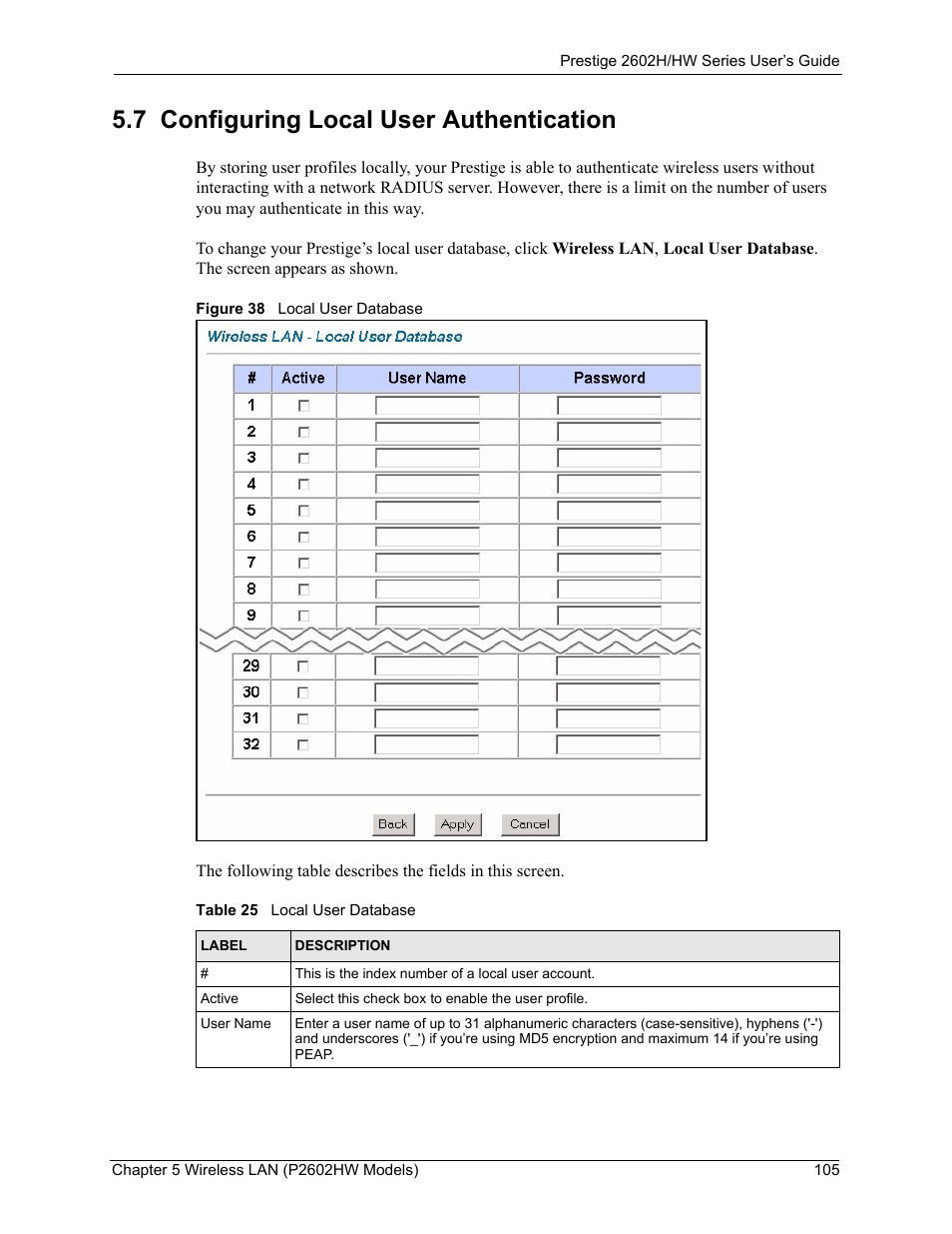 7 configuring local user authentication, Figure 38 local user database, Table 25 local user database | ZyXEL Communications Prestige 2602H Series User Manual | Page 105 / 550