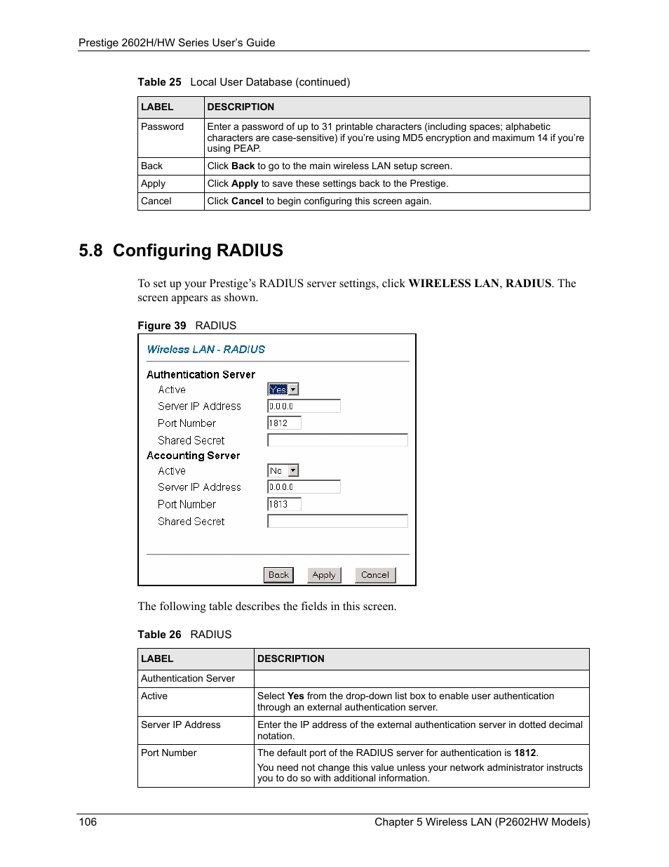 8 configuring radius, Figure 39 radius, Table 26 radius | ZyXEL Communications Prestige 2602H Series User Manual | Page 106 / 550