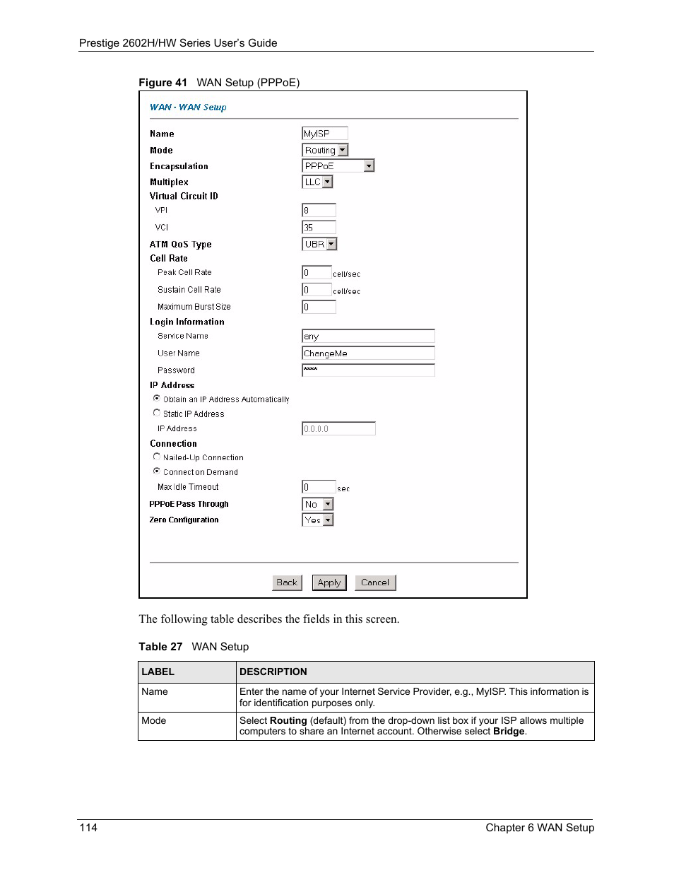 Figure 41 wan setup (pppoe), Table 27 wan setup | ZyXEL Communications Prestige 2602H Series User Manual | Page 114 / 550