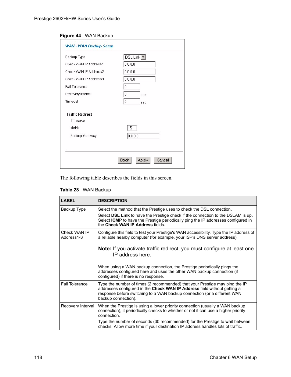 Figure 44 wan backup, Table 28 wan backup | ZyXEL Communications Prestige 2602H Series User Manual | Page 118 / 550