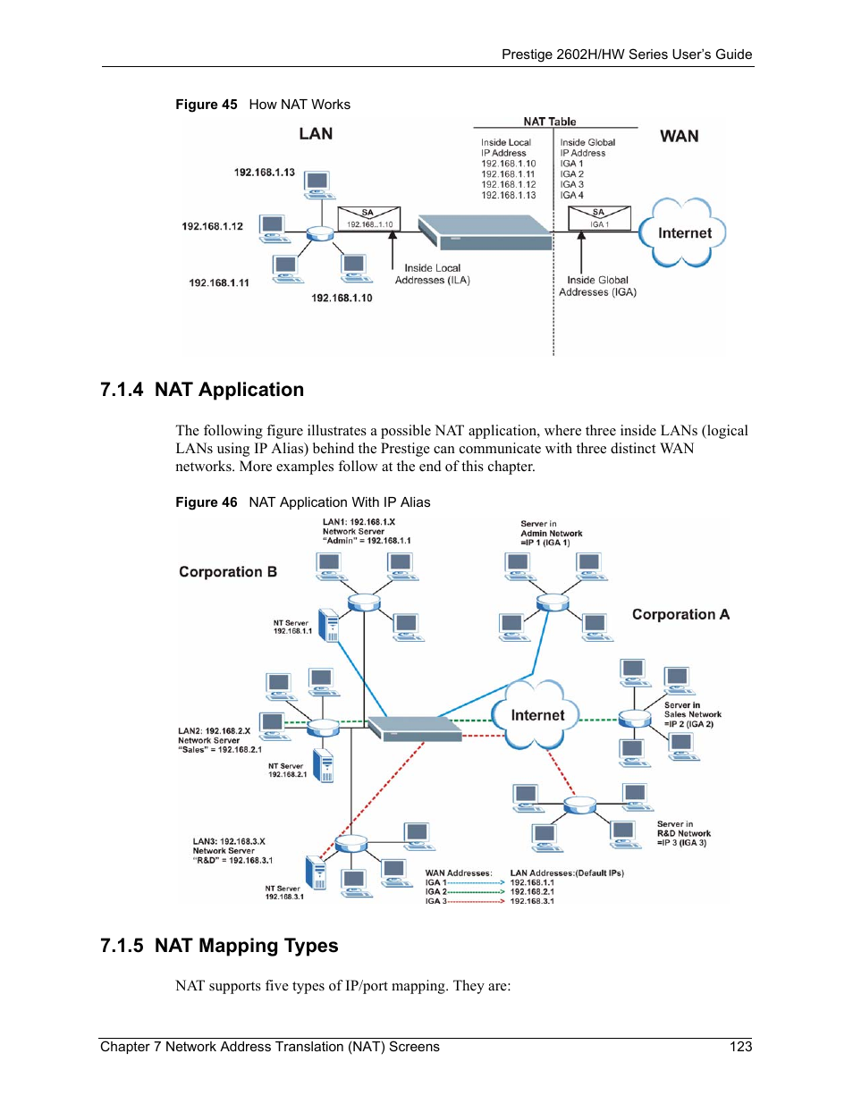 4 nat application, 5 nat mapping types, 4 nat application 7.1.5 nat mapping types | ZyXEL Communications Prestige 2602H Series User Manual | Page 123 / 550