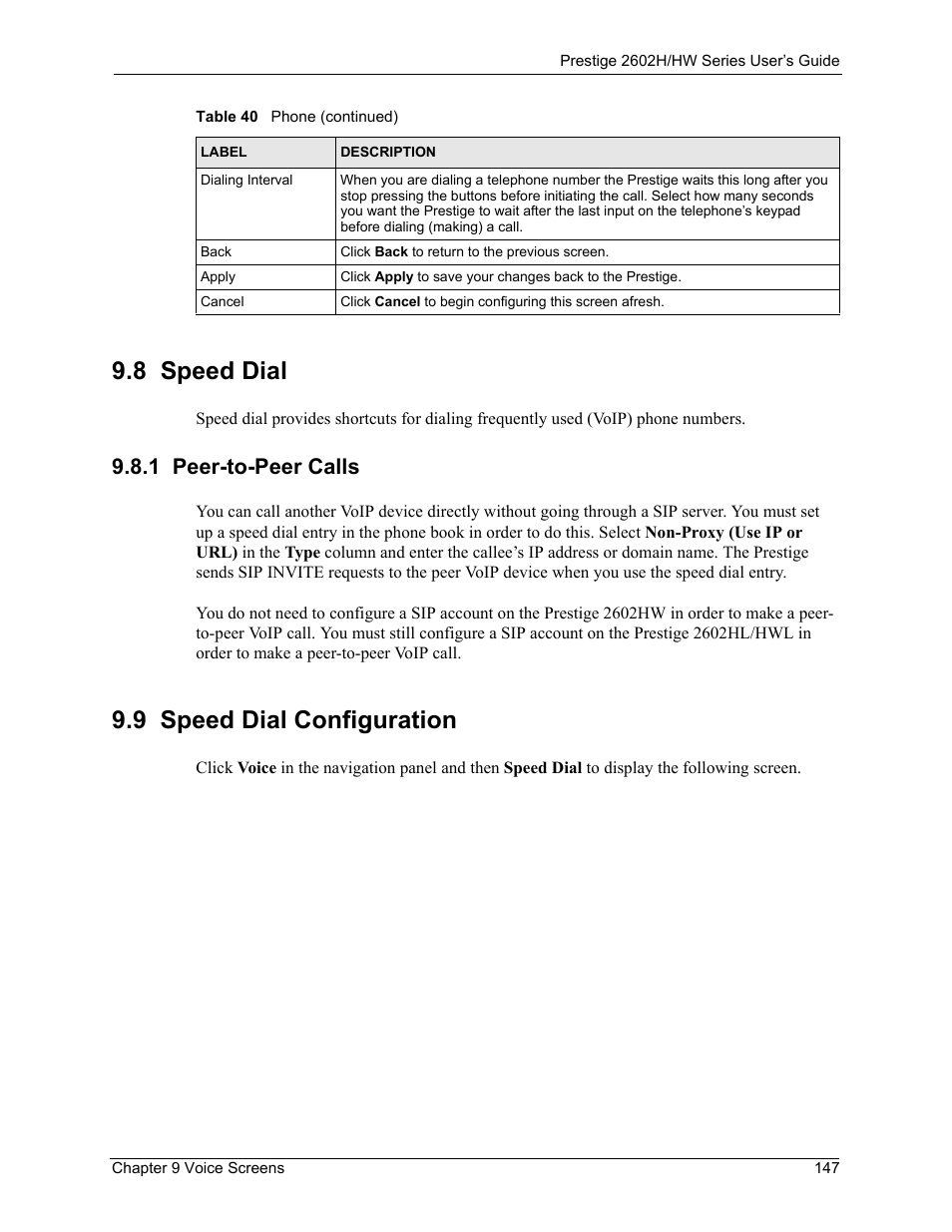 8 speed dial, 1 peer-to-peer calls, 9 speed dial configuration | ZyXEL Communications Prestige 2602H Series User Manual | Page 147 / 550