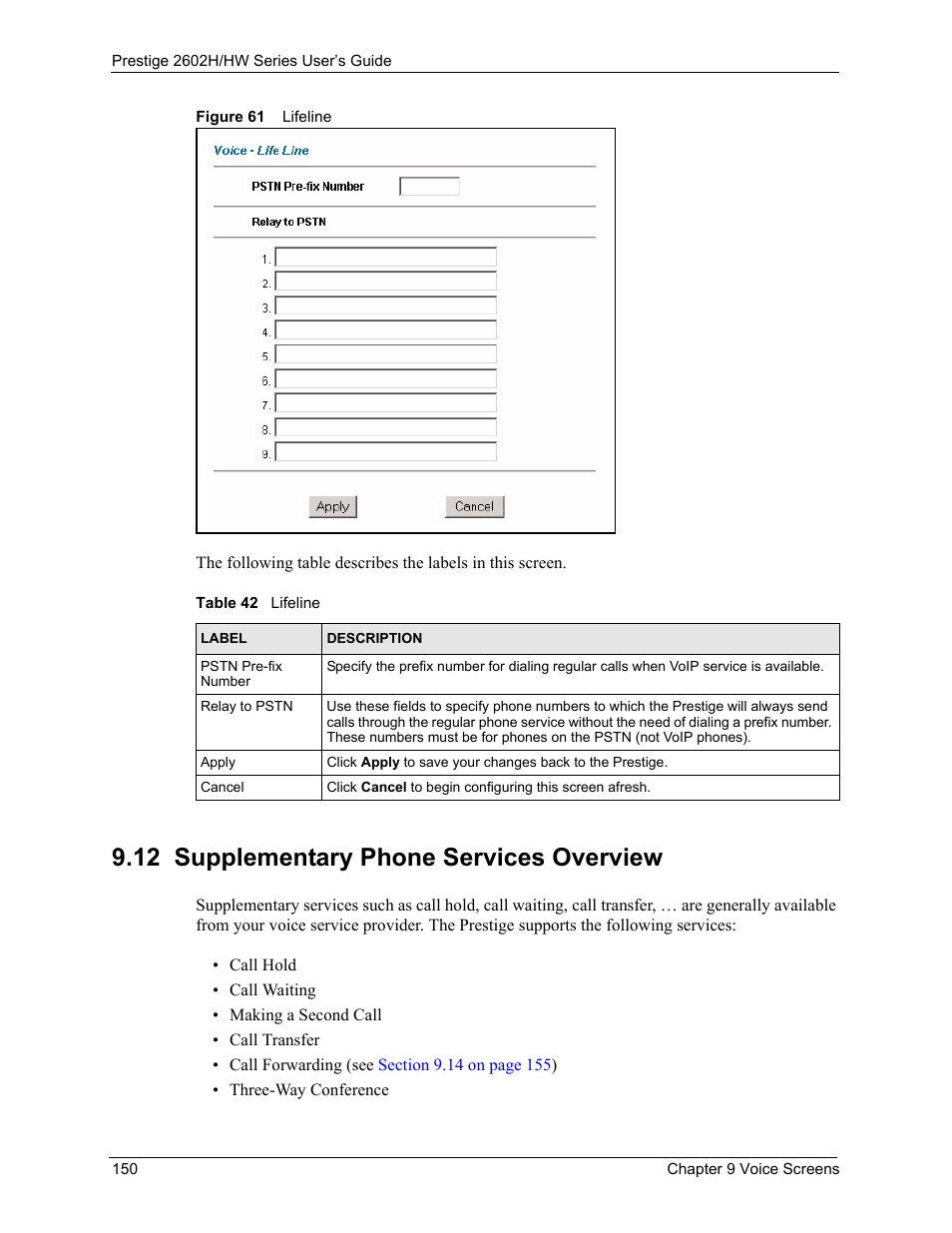 12 supplementary phone services overview, Figure 61 lifeline, Table 42 lifeline | ZyXEL Communications Prestige 2602H Series User Manual | Page 150 / 550