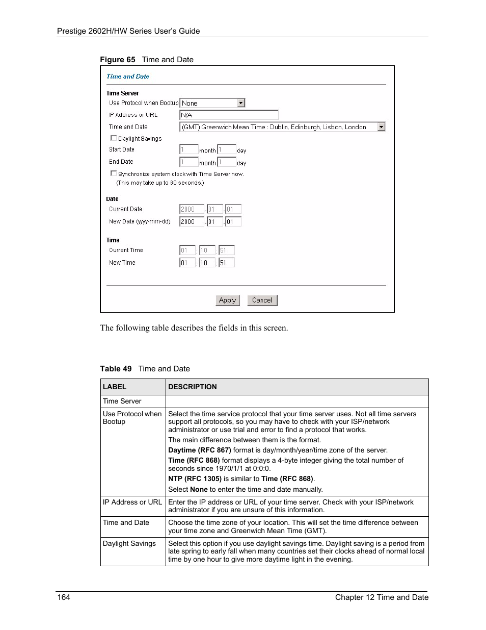 Figure 65 time and date, Table 49 time and date | ZyXEL Communications Prestige 2602H Series User Manual | Page 164 / 550