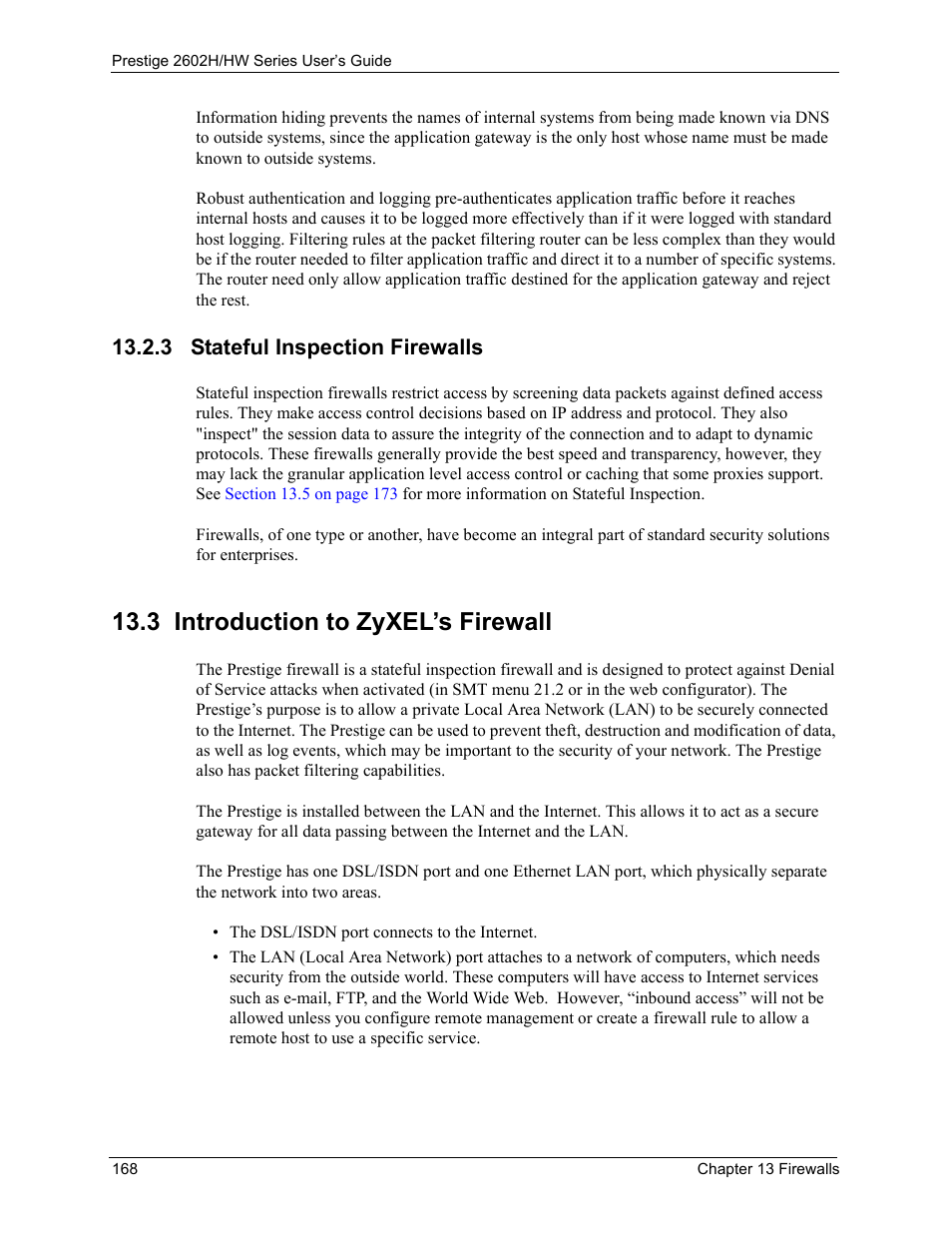 3 stateful inspection firewalls, 3 introduction to zyxel’s firewall | ZyXEL Communications Prestige 2602H Series User Manual | Page 168 / 550