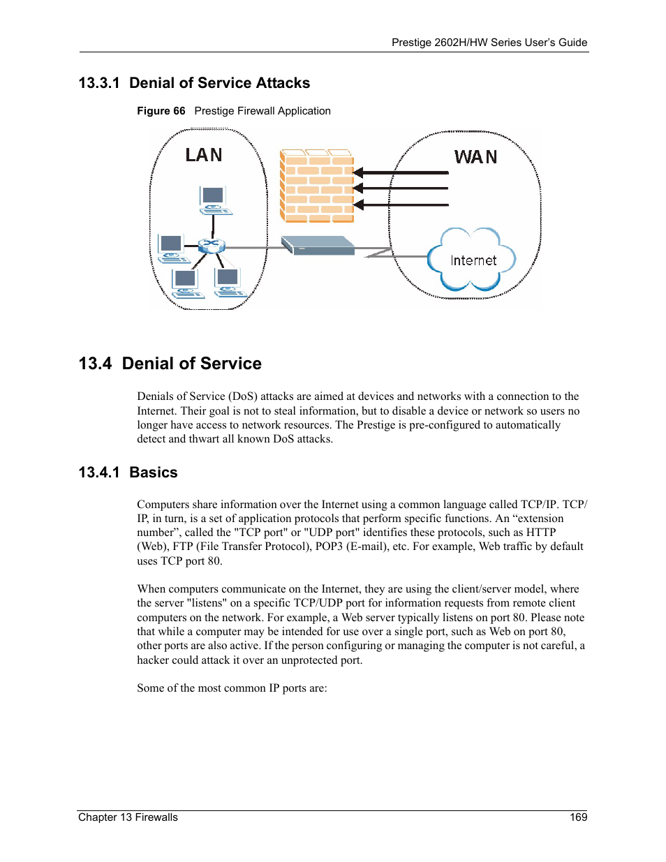 1 denial of service attacks, 4 denial of service, 1 basics | Figure 66 prestige firewall application | ZyXEL Communications Prestige 2602H Series User Manual | Page 169 / 550