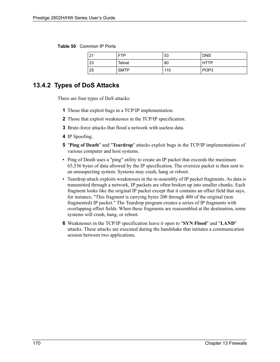 2 types of dos attacks, Table 50 common ip ports | ZyXEL Communications Prestige 2602H Series User Manual | Page 170 / 550