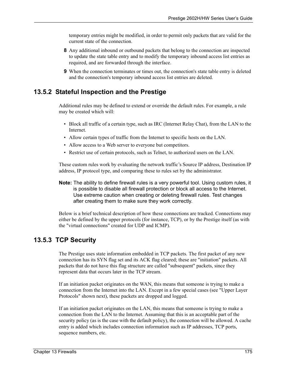 2 stateful inspection and the prestige, 3 tcp security | ZyXEL Communications Prestige 2602H Series User Manual | Page 175 / 550