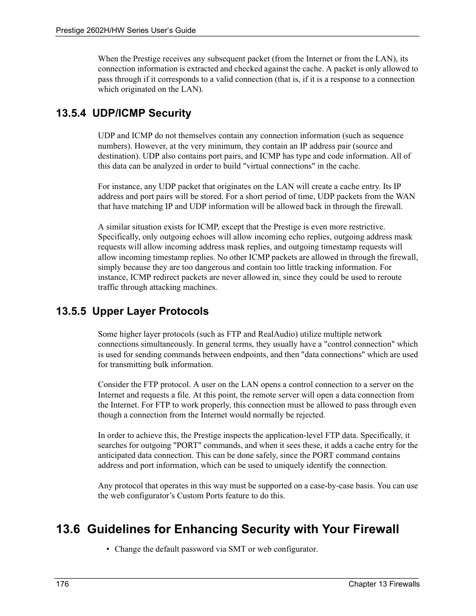 4 udp/icmp security, 5 upper layer protocols, 4 udp/icmp security 13.5.5 upper layer protocols | ZyXEL Communications Prestige 2602H Series User Manual | Page 176 / 550