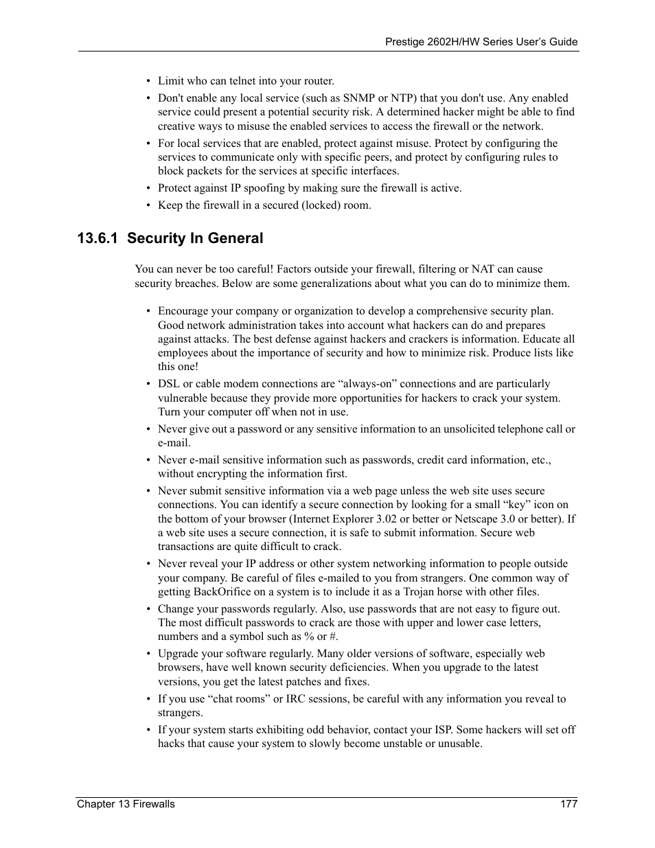 1 security in general | ZyXEL Communications Prestige 2602H Series User Manual | Page 177 / 550