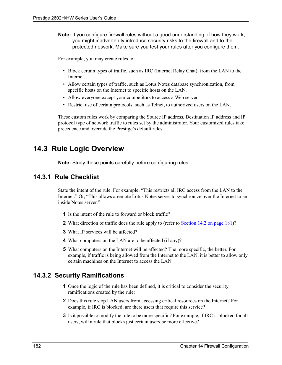 3 rule logic overview, 1 rule checklist, 2 security ramifications | 1 rule checklist 14.3.2 security ramifications | ZyXEL Communications Prestige 2602H Series User Manual | Page 182 / 550