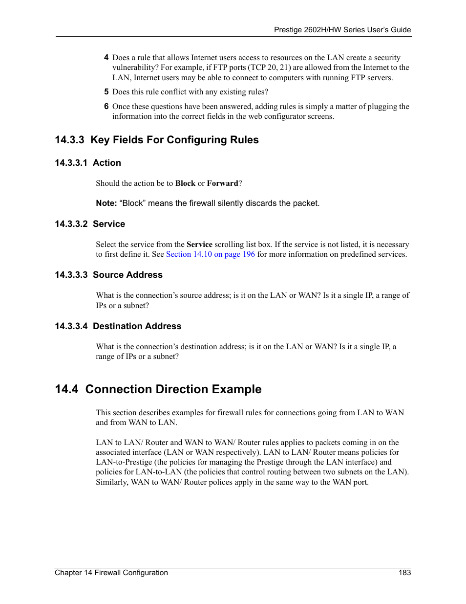 3 key fields for configuring rules, 1 action, 2 service | 3 source address, 4 destination address, 4 connection direction example | ZyXEL Communications Prestige 2602H Series User Manual | Page 183 / 550