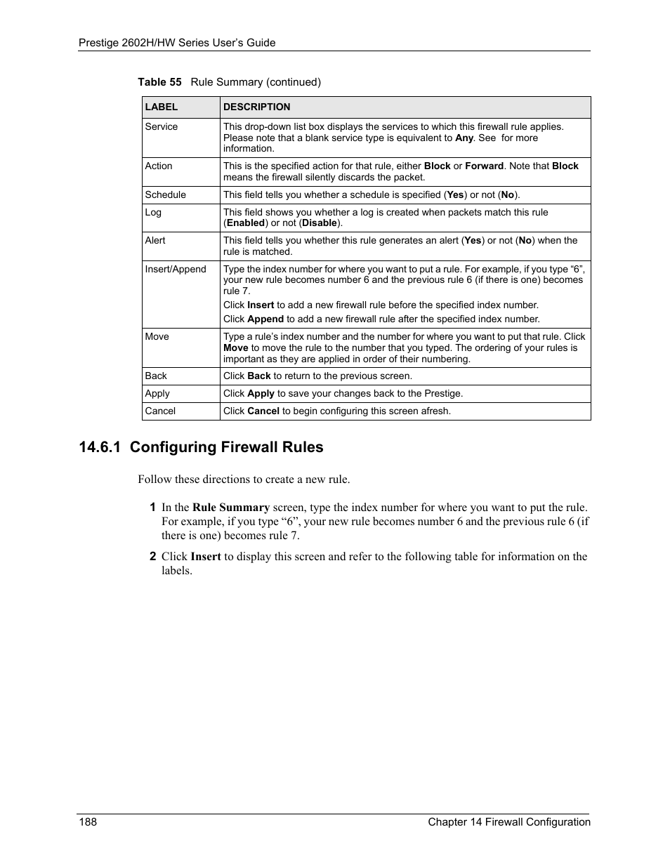 1 configuring firewall rules, Reen (see | ZyXEL Communications Prestige 2602H Series User Manual | Page 188 / 550
