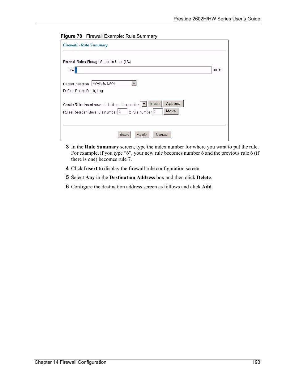 Figure 78 firewall example: rule summary | ZyXEL Communications Prestige 2602H Series User Manual | Page 193 / 550