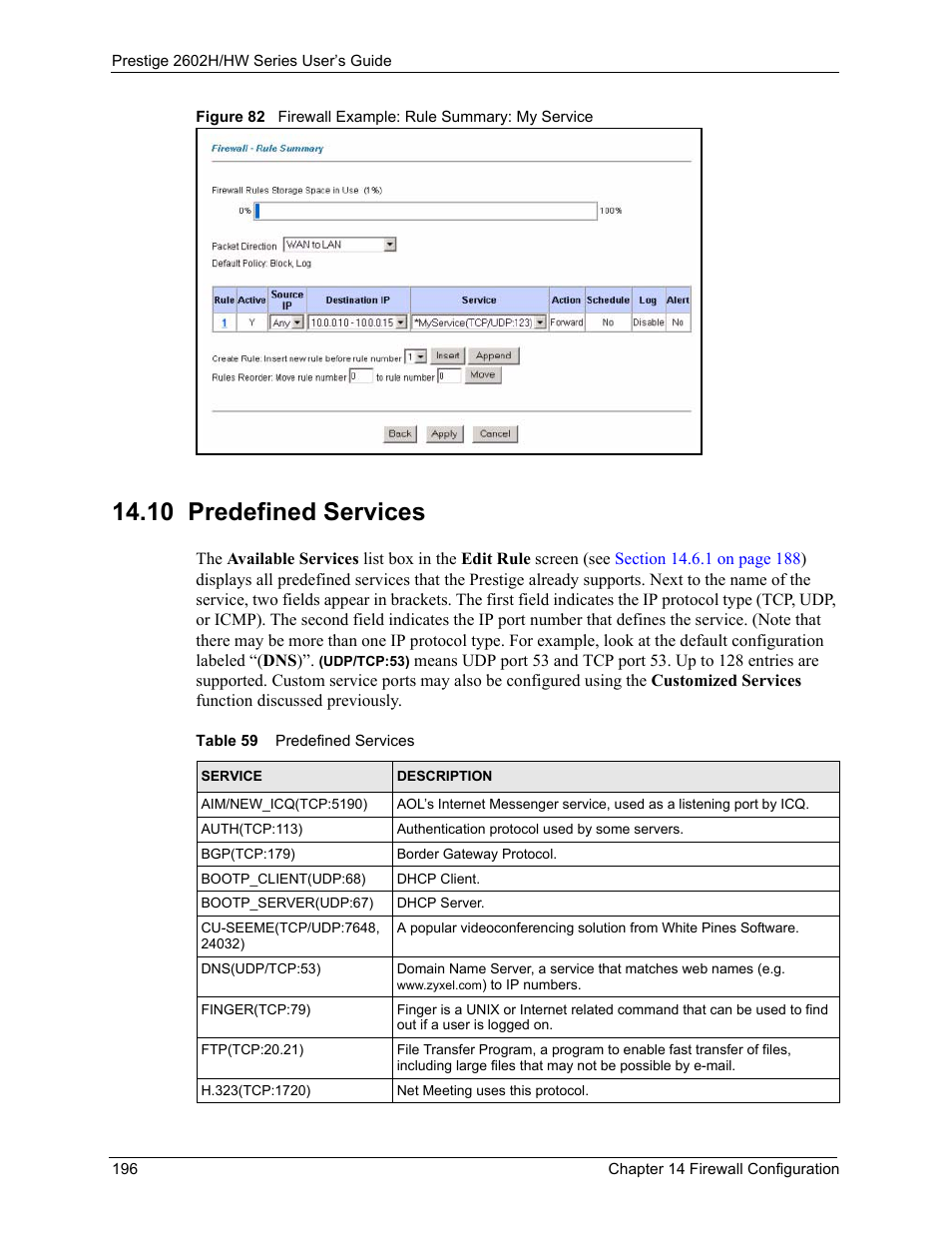 10 predefined services, Table 59 predefined services | ZyXEL Communications Prestige 2602H Series User Manual | Page 196 / 550