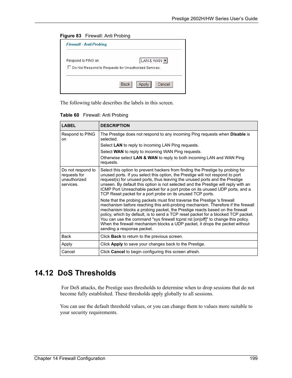 12 dos thresholds, Figure 83 firewall: anti probing, Table 60 firewall: anti probing | ZyXEL Communications Prestige 2602H Series User Manual | Page 199 / 550