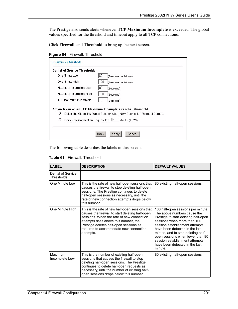 Figure 84 firewall: threshold, Table 61 firewall: threshold | ZyXEL Communications Prestige 2602H Series User Manual | Page 201 / 550
